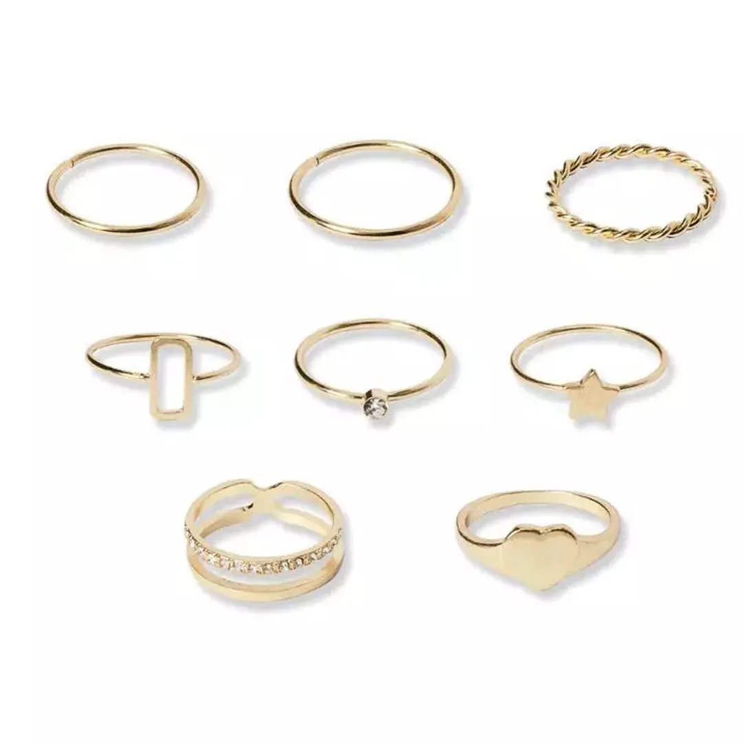 Gold Plated 8 Piece Star Heart Cross Chain Ring Set