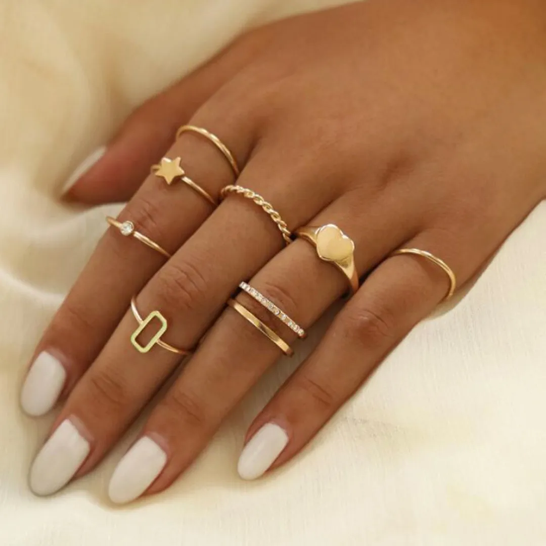 Gold Plated 8 Piece Star Heart Cross Chain Ring Set