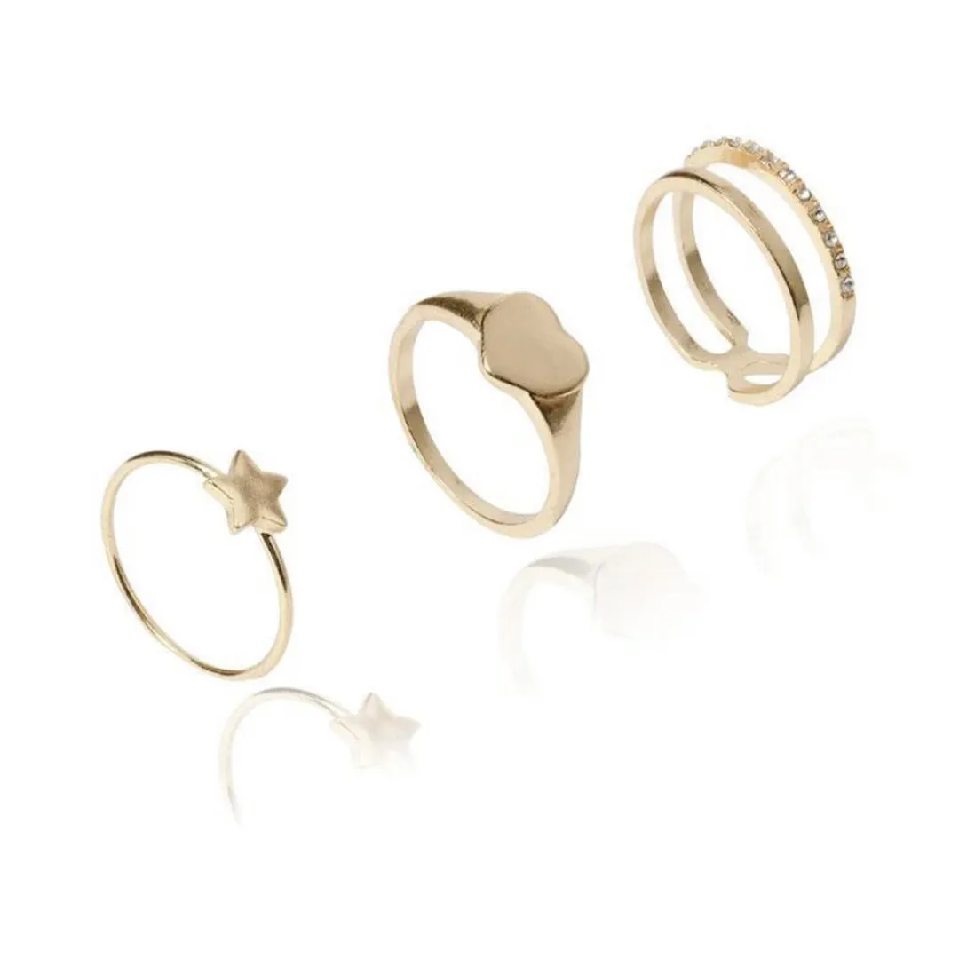 Gold Plated 8 Piece Star Heart Cross Chain Ring Set