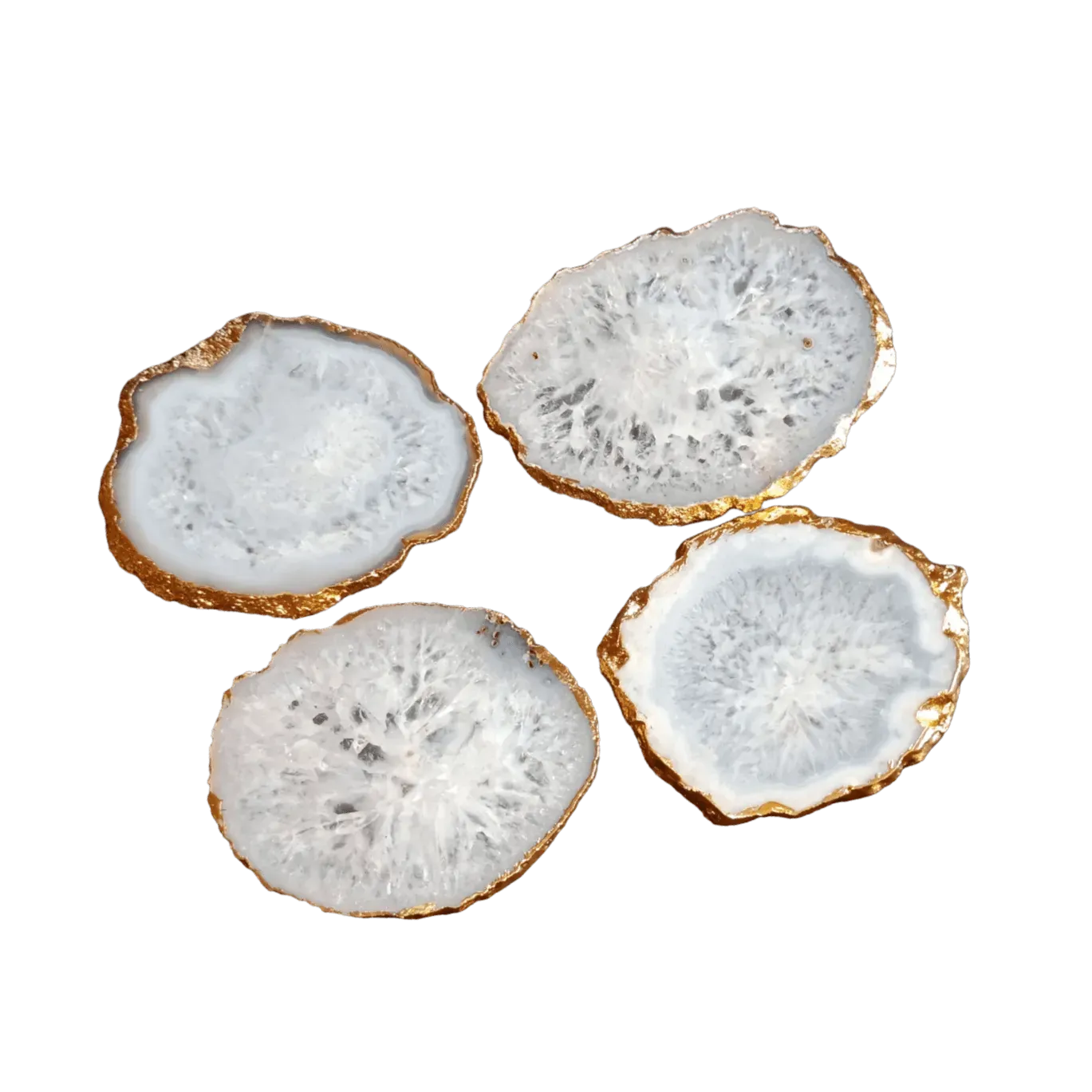 Gold Trim White Agate Crystal Geode Gemstone Coasters - Set of 4