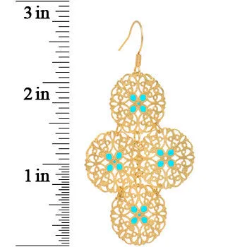 Gold Turquoise Color Round Filigree Dangle Earrings