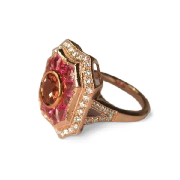 Gorgeous Art Deco 14K Pink Rose Gold Pink Tourmaline Hand Cut Pink Sapphire Diamond Ring Band