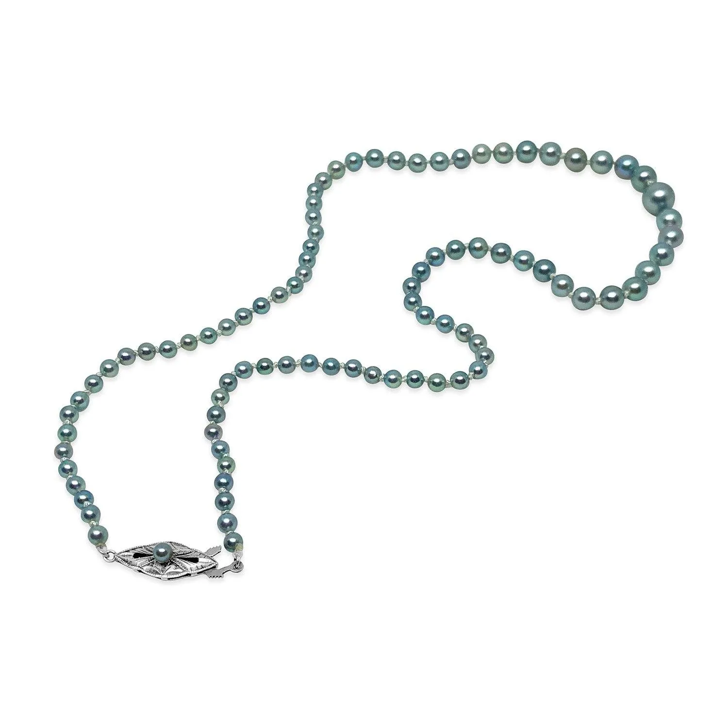 Graduated Art Deco Blue Japanese Akoya Cultured Pearl Necklace- Sterling Silver 18 Inch