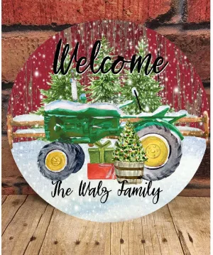 Green Tractor Door Hanger, Personalized Door Hanger, Christmas Sign, Christmas Decor, Christmas Front Door Sign, Rustic Christmas