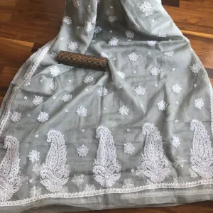 Grey Organza Chikankari Saree