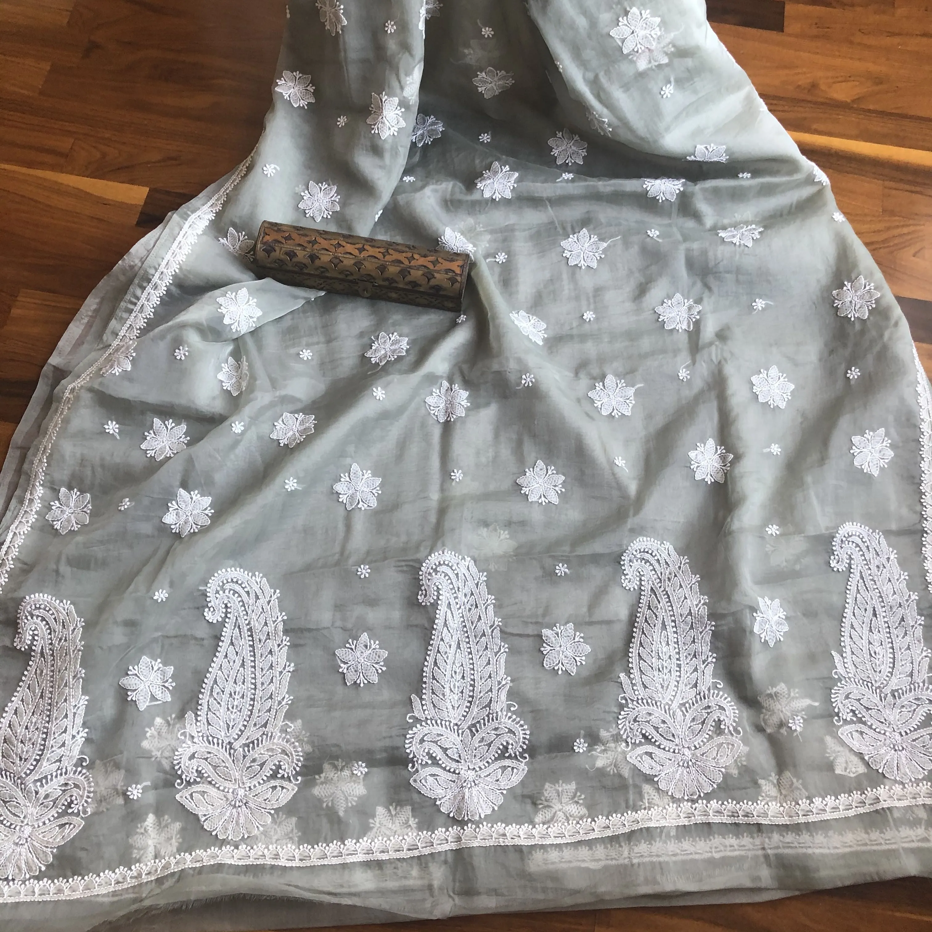Grey Organza Chikankari Saree