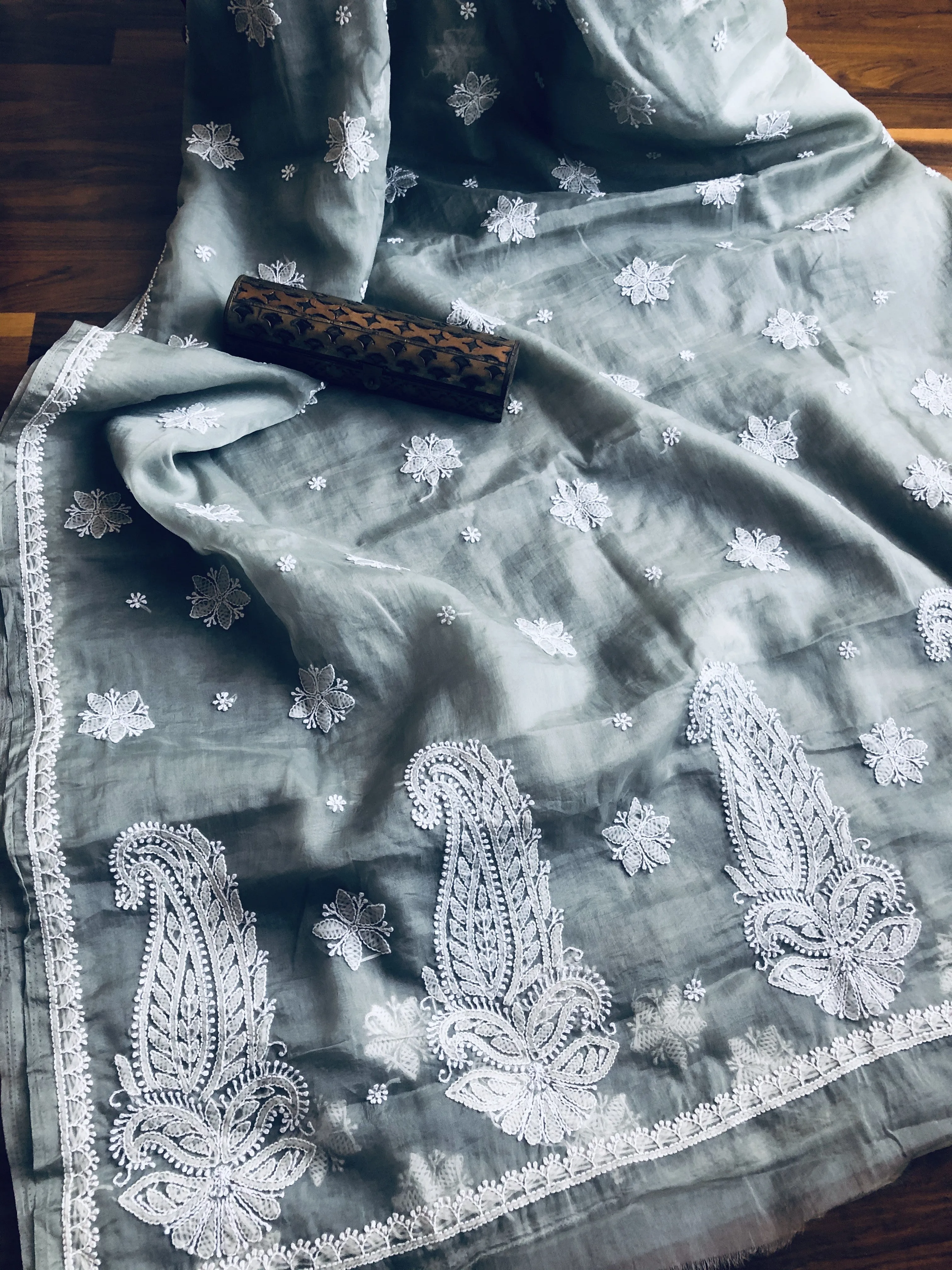 Grey Organza Chikankari Saree