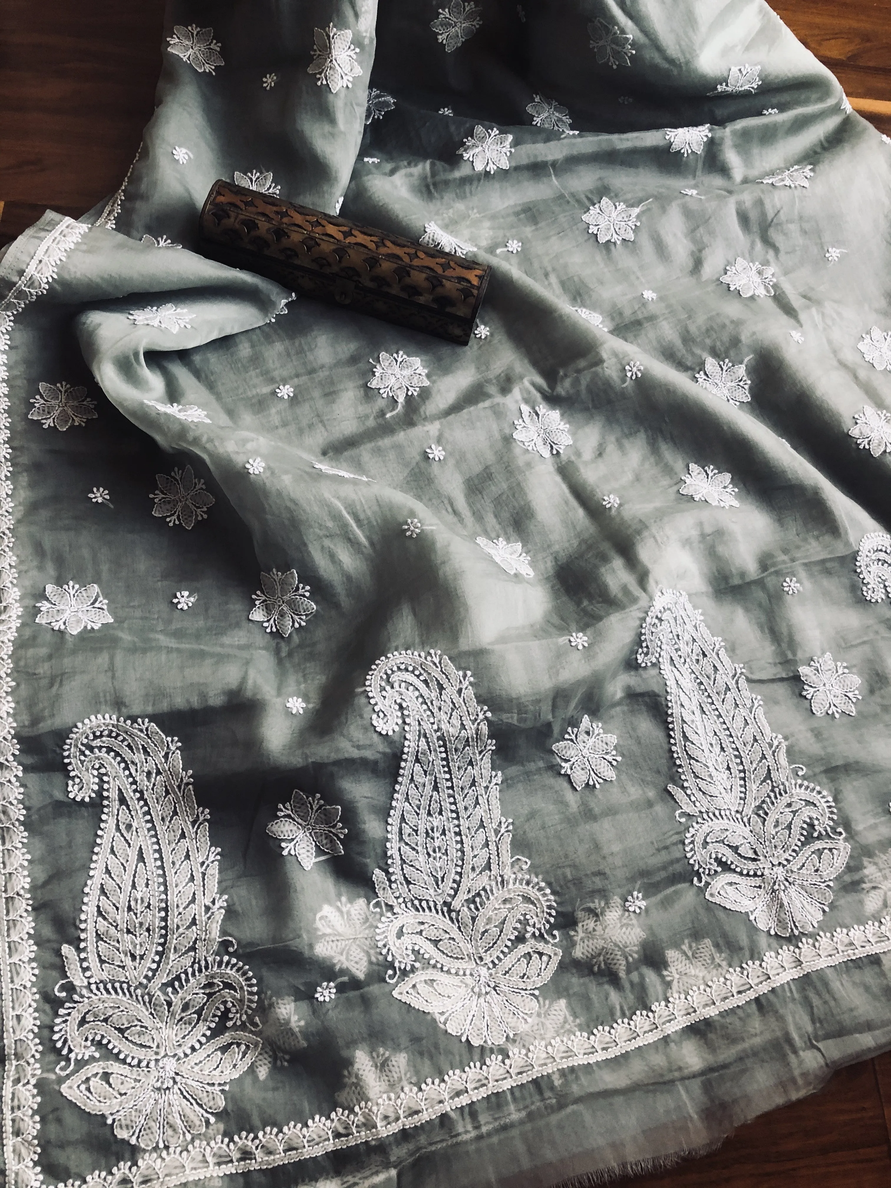 Grey Organza Chikankari Saree