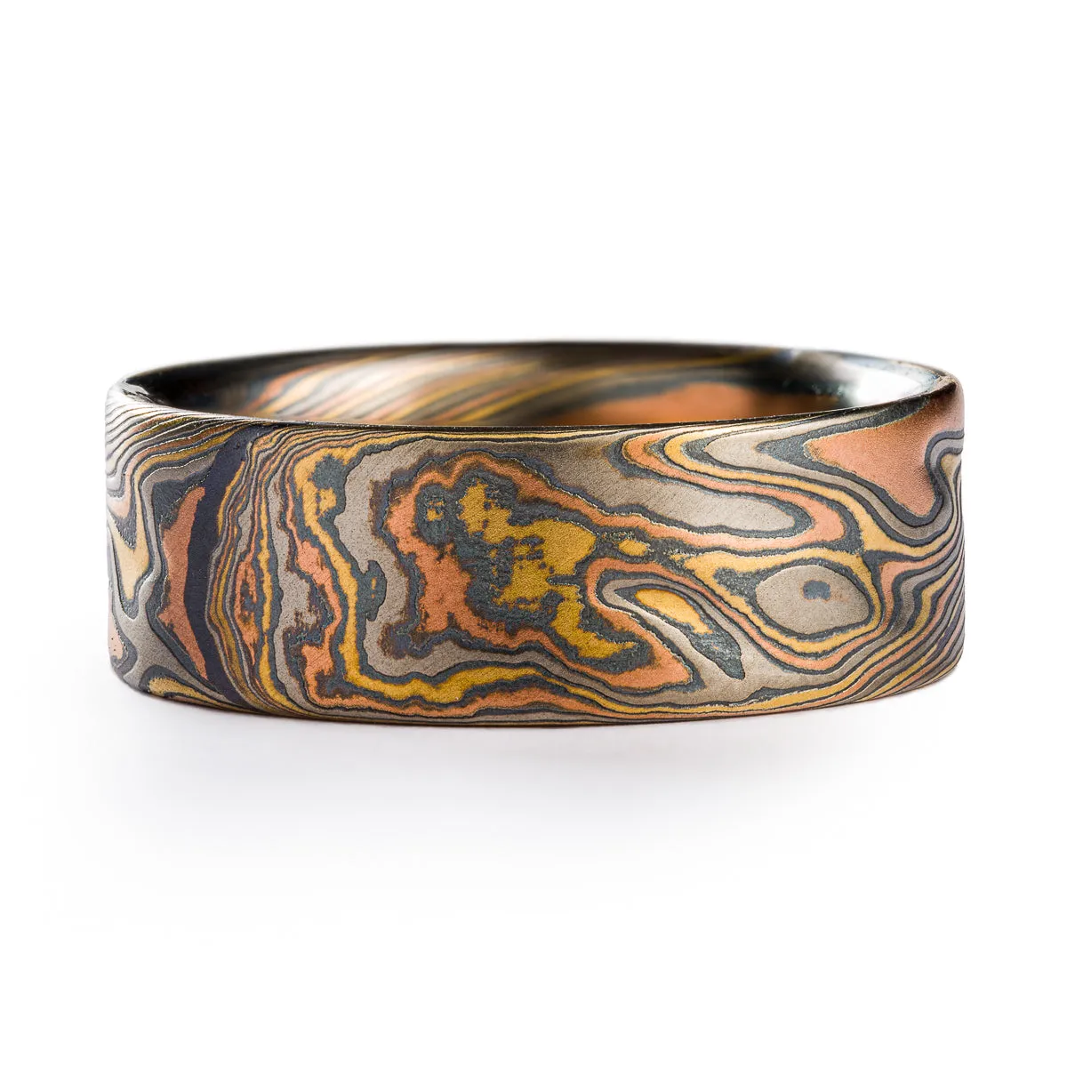 Handcrafted Mokume Gane Ring or Wedding Band in Firestorm Palette and Twist Pattern with Kazaru