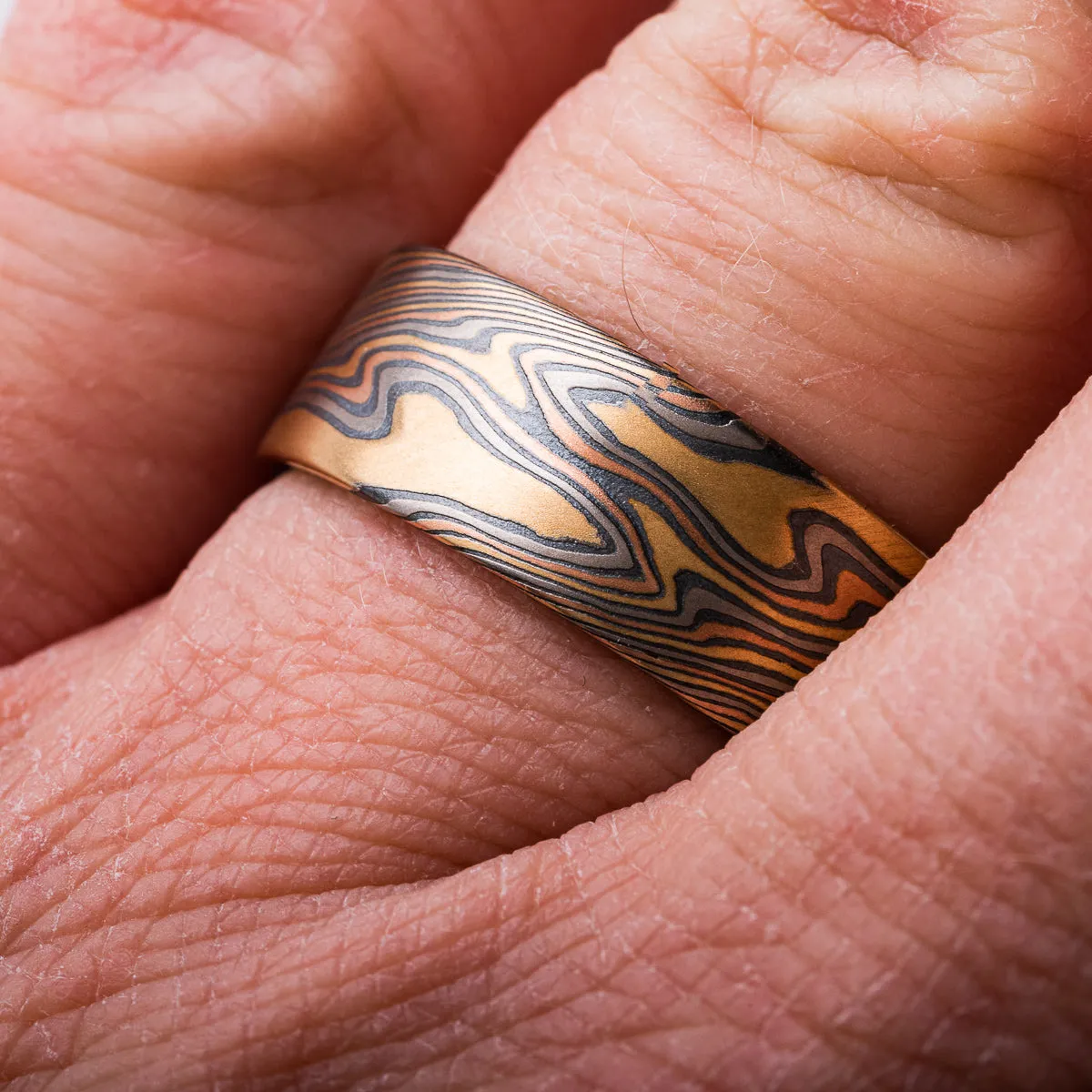 Handcrafted Mokume Gane Ring or Wedding Band in Firestorm Palette and Twist Pattern with Kazaru