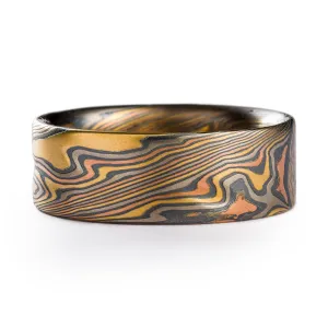 Handcrafted Mokume Gane Ring or Wedding Band in Firestorm Palette and Twist Pattern with Kazaru