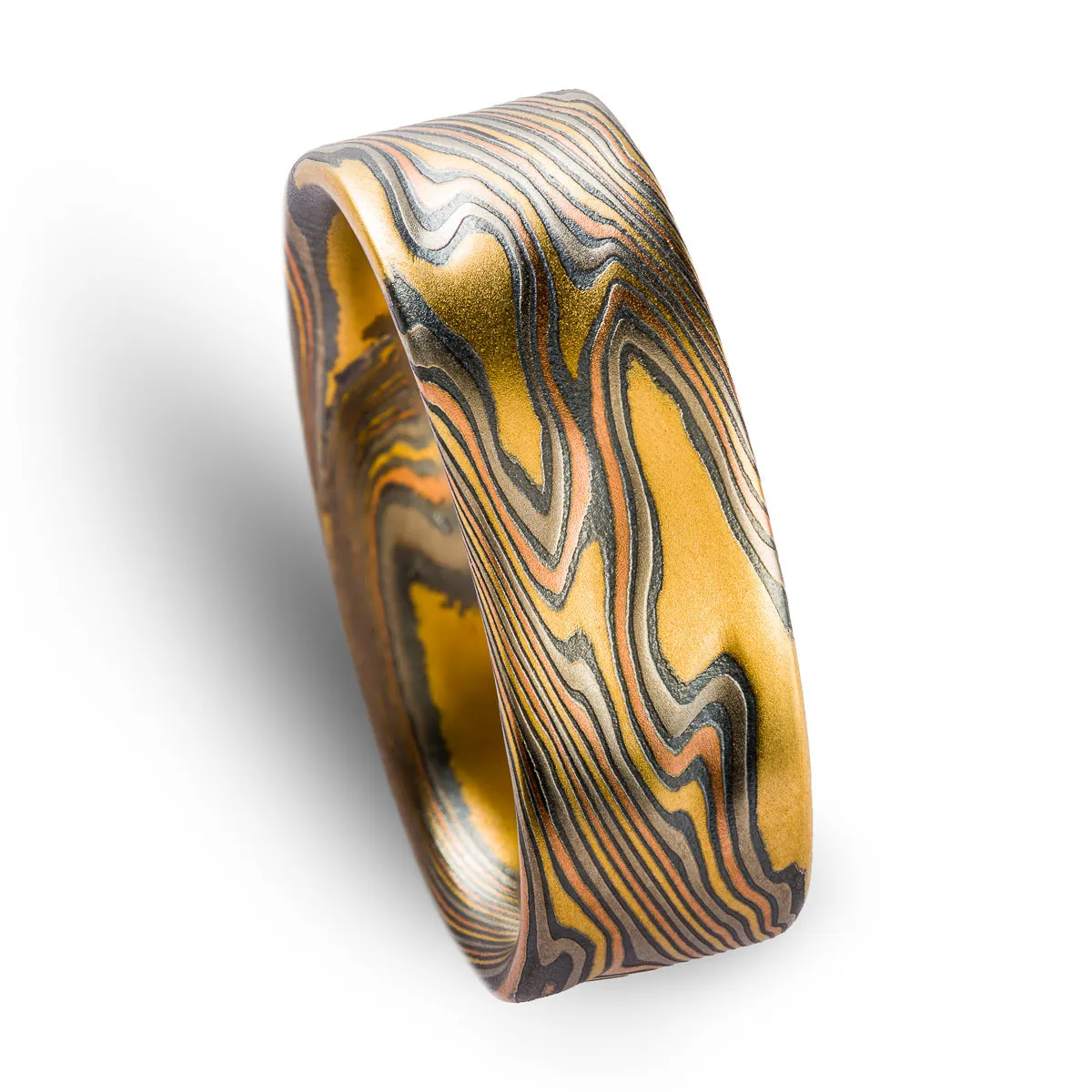 Handcrafted Mokume Gane Ring or Wedding Band in Firestorm Palette and Twist Pattern with Kazaru