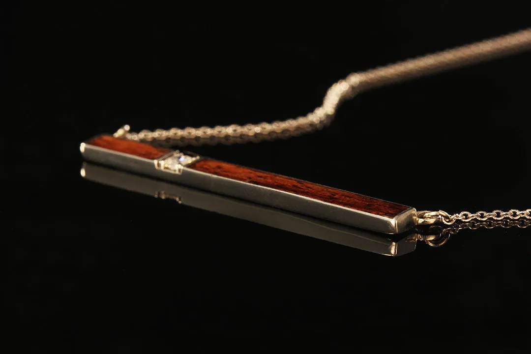 Horizontal Gold Bar Pendant with Hawaiian Koa Wood Inlay and Diamond Setting