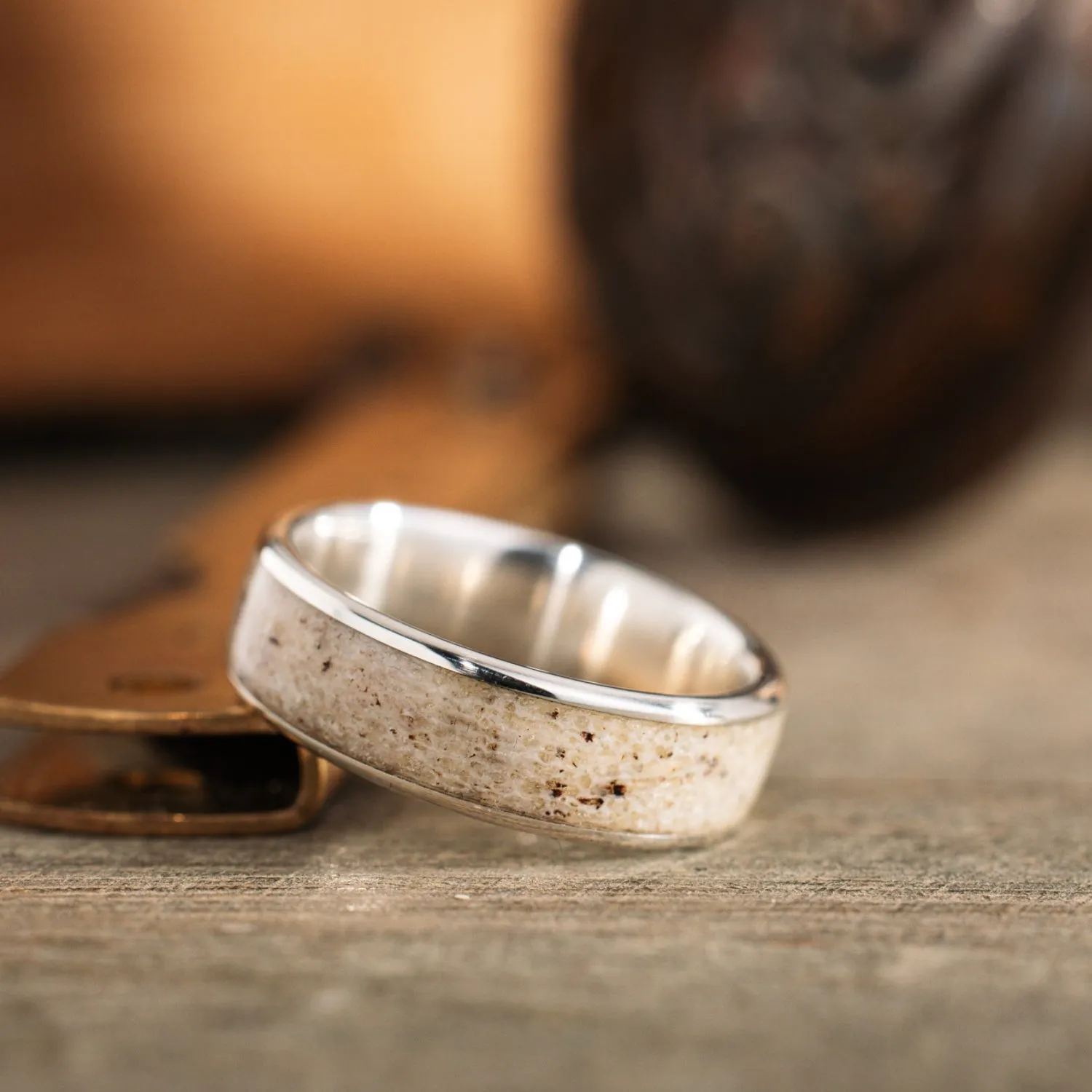 (In-Stock) The Marksman | Men's Sterling Silver Wedding Band with Wide Channel Elk Antler - Size 9.75 | 7mm Wide