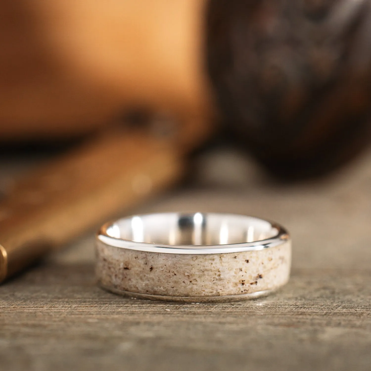 (In-Stock) The Marksman | Men's Sterling Silver Wedding Band with Wide Channel Elk Antler - Size 9.75 | 7mm Wide