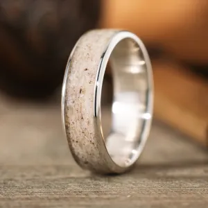 (In-Stock) The Marksman | Men's Sterling Silver Wedding Band with Wide Channel Elk Antler - Size 9.75 | 7mm Wide