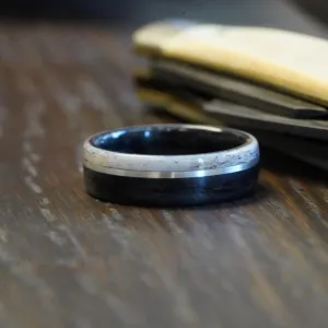 (In-Stock) The Whiskey Canyon | Men's Black Whiskey Barrel & Elk Antler Wedding Band with Offset White Gold Inlay - Size 7.75 | 7mm Wide