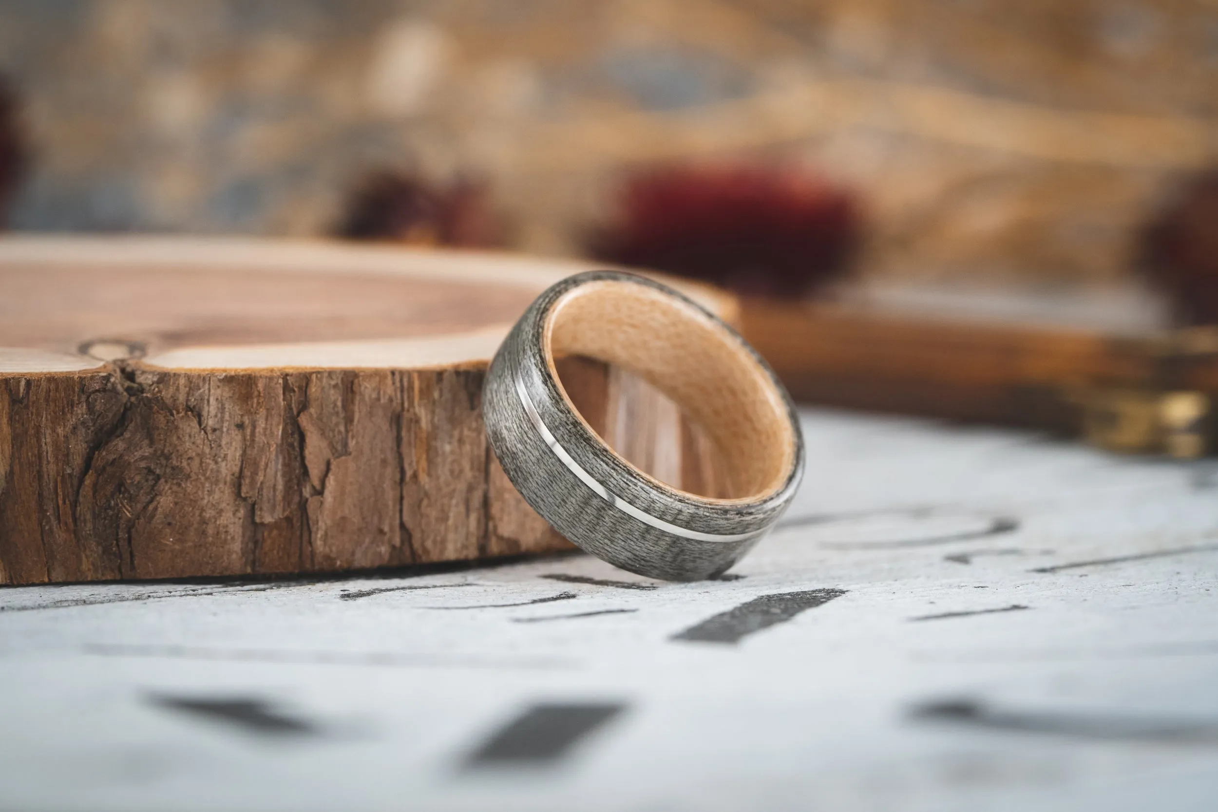 (In-Stock) Weathered Maple Wooden Ring, Natural Maple Liner & Offset Sterling Silver - Size 9.25 | 8mm Wide