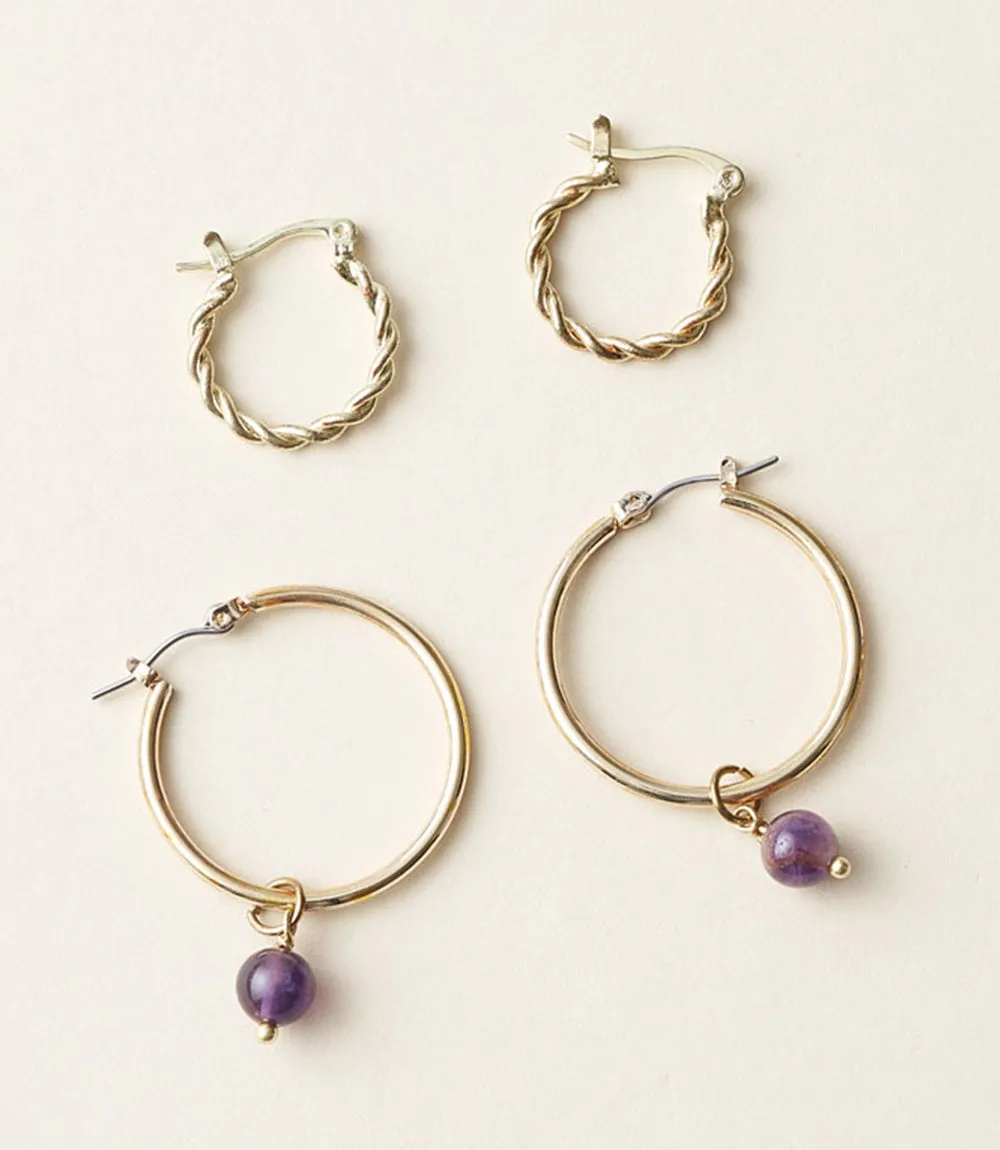 Jambumani Amethyst Mini Gold Hoop Earrings Set of 2