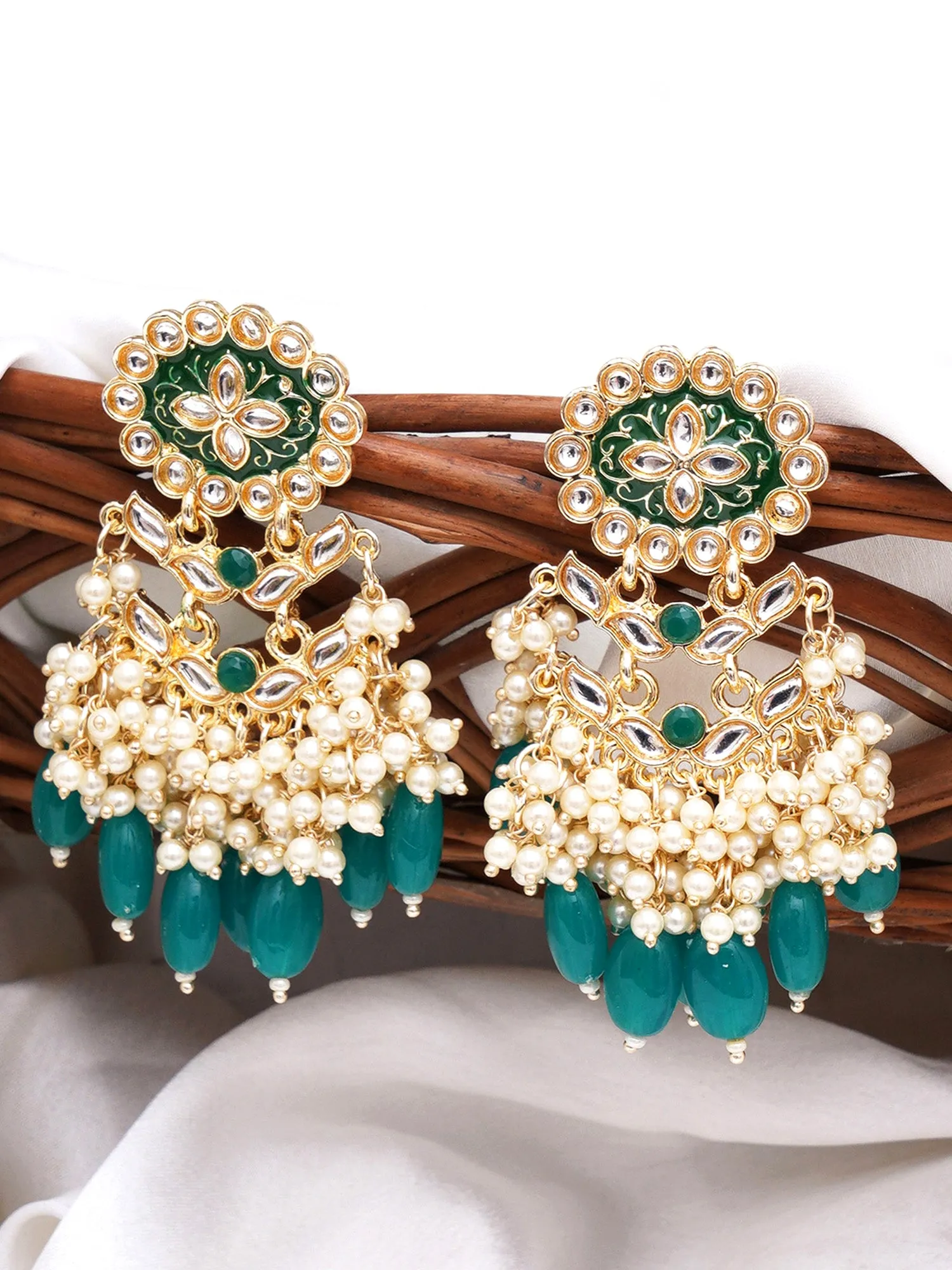 Karatcart Gold Plated Kundan Studded Green Meena and Tumble Dangler Earrings for Women