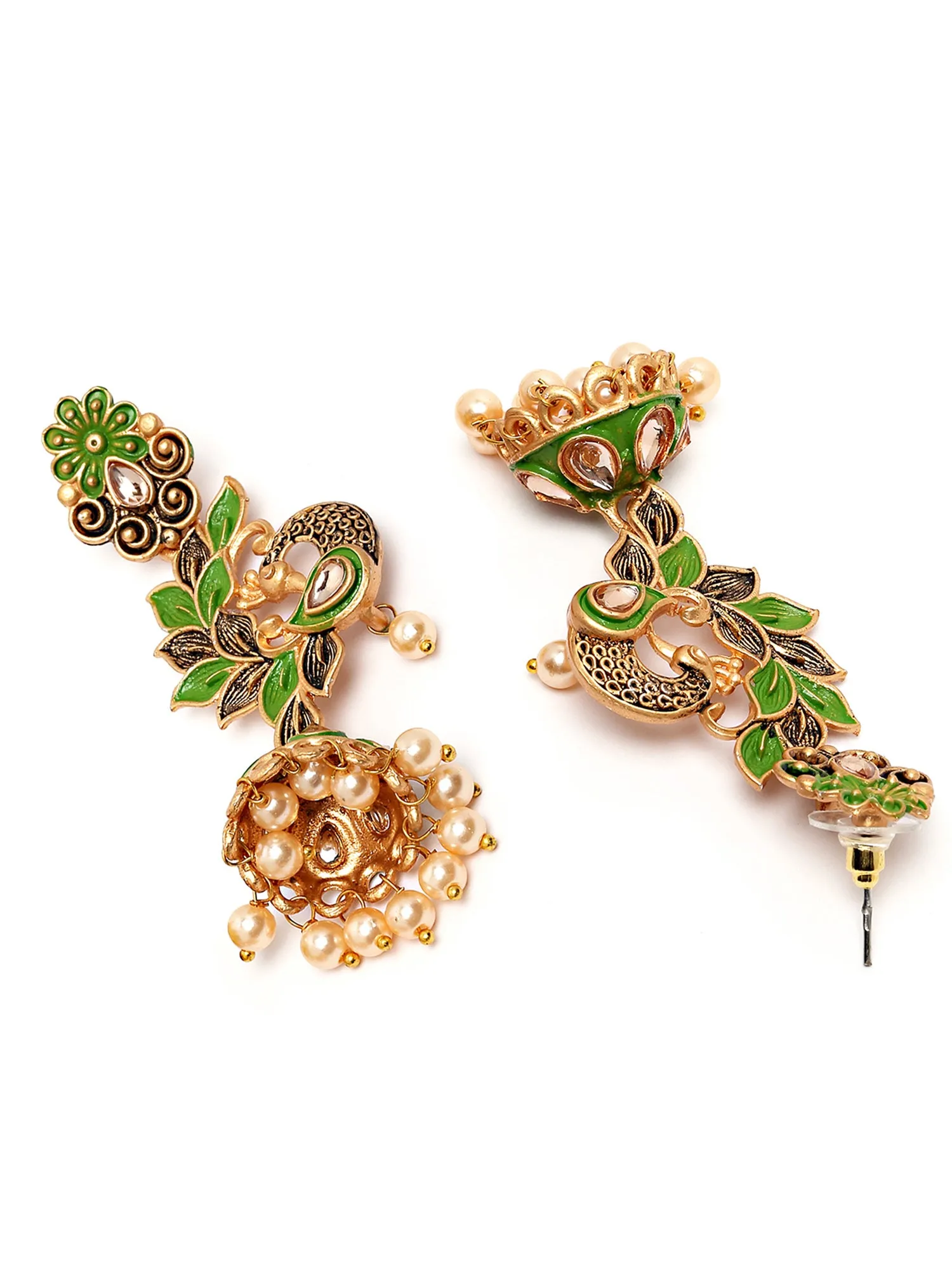 Karatcart Gold Plated Peacock Shape Light Green Kundan Dangler Jhumki Earrings for Women
