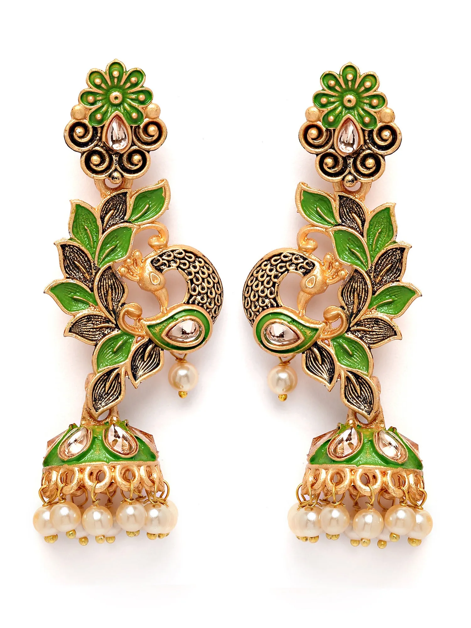 Karatcart Gold Plated Peacock Shape Light Green Kundan Dangler Jhumki Earrings for Women