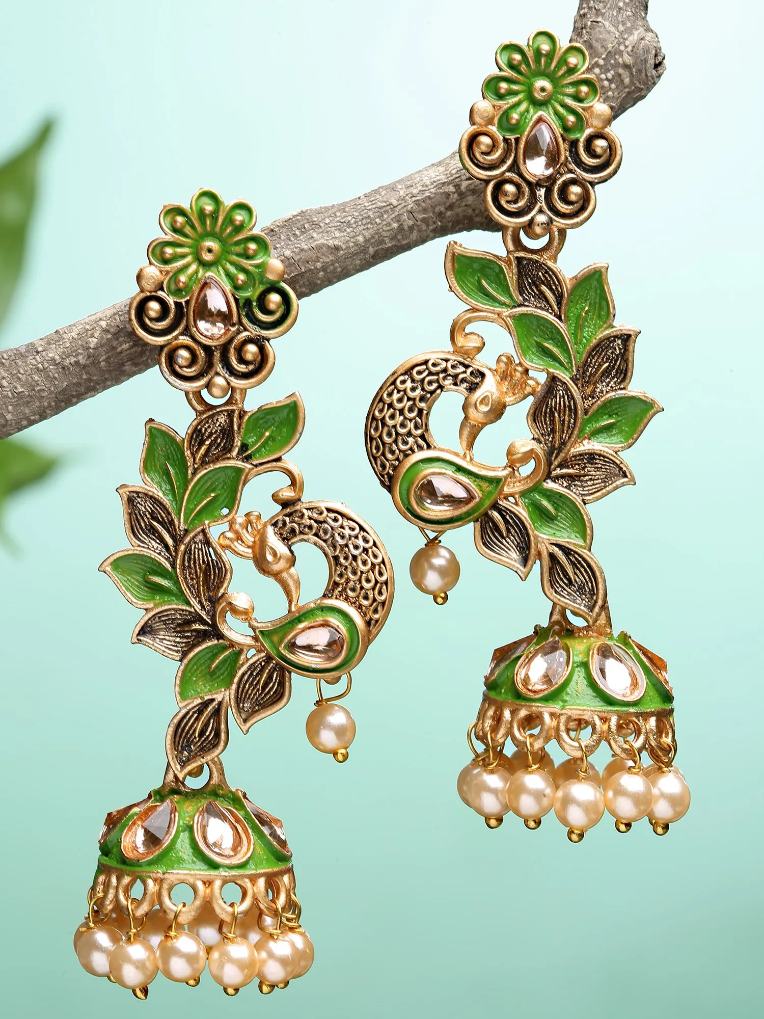 Karatcart Gold Plated Peacock Shape Light Green Kundan Dangler Jhumki Earrings for Women