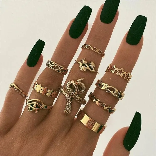 KSRA Boho Vintage Gold Star Knuckle Rings For Women BOHO Crystal Star Crescent Geometric Female Finger Rings Set Jewelry 2020
