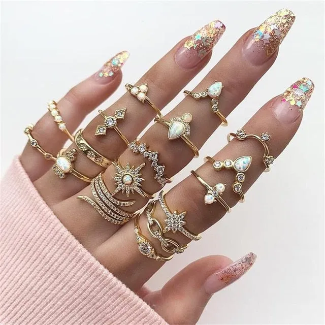 KSRA Boho Vintage Gold Star Knuckle Rings For Women BOHO Crystal Star Crescent Geometric Female Finger Rings Set Jewelry 2020