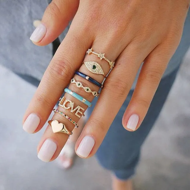 KSRA Boho Vintage Gold Star Knuckle Rings For Women BOHO Crystal Star Crescent Geometric Female Finger Rings Set Jewelry 2020