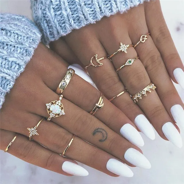 KSRA Boho Vintage Gold Star Knuckle Rings For Women BOHO Crystal Star Crescent Geometric Female Finger Rings Set Jewelry 2020