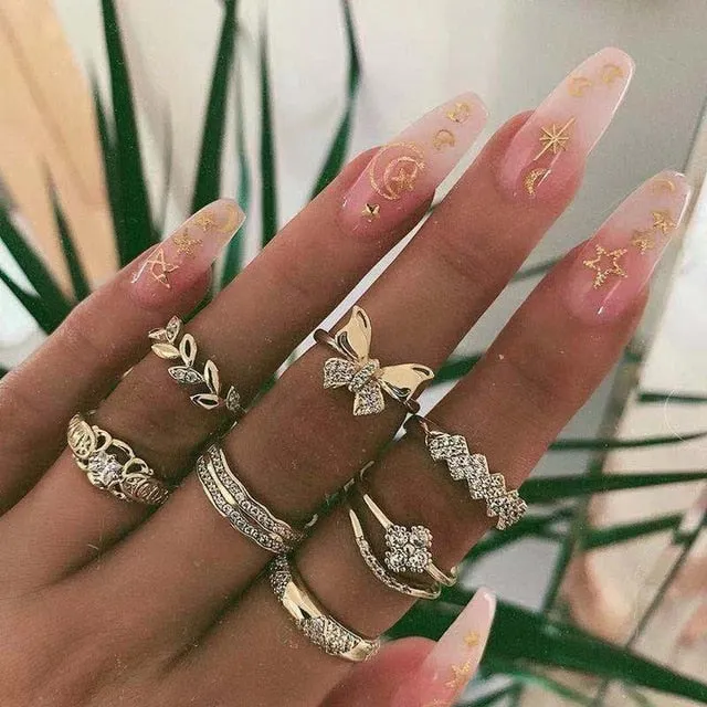 KSRA Boho Vintage Gold Star Knuckle Rings For Women BOHO Crystal Star Crescent Geometric Female Finger Rings Set Jewelry 2020