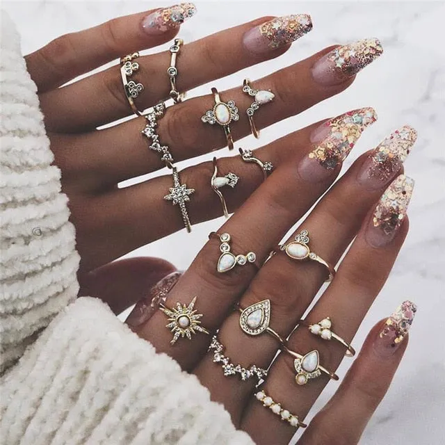 KSRA Boho Vintage Gold Star Knuckle Rings For Women BOHO Crystal Star Crescent Geometric Female Finger Rings Set Jewelry 2020