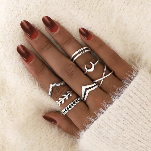 KSRA Boho Vintage Gold Star Knuckle Rings For Women BOHO Crystal Star Crescent Geometric Female Finger Rings Set Jewelry 2020
