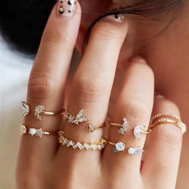KSRA Boho Vintage Gold Star Knuckle Rings For Women BOHO Crystal Star Crescent Geometric Female Finger Rings Set Jewelry 2020