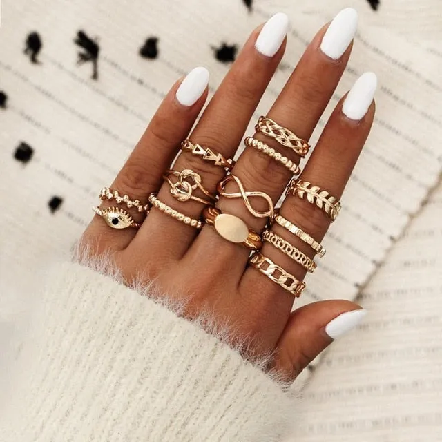 KSRA Boho Vintage Gold Star Knuckle Rings For Women BOHO Crystal Star Crescent Geometric Female Finger Rings Set Jewelry 2020