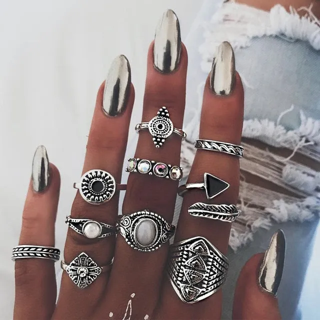 KSRA Boho Vintage Gold Star Knuckle Rings For Women BOHO Crystal Star Crescent Geometric Female Finger Rings Set Jewelry 2020