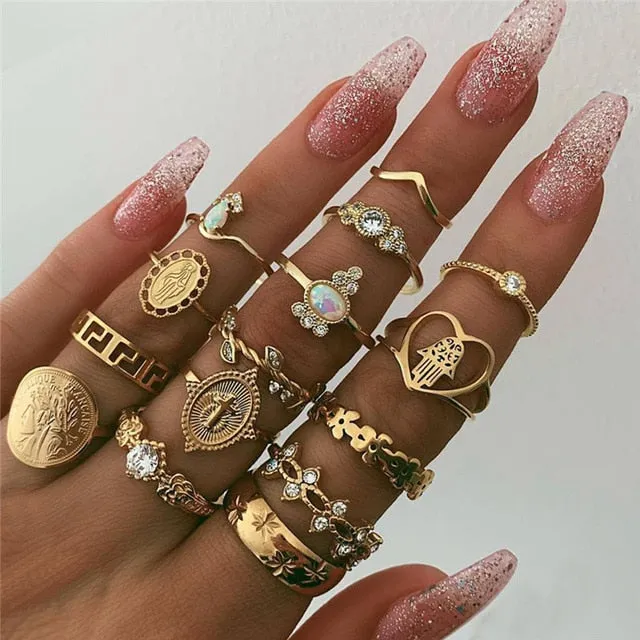 KSRA Boho Vintage Gold Star Knuckle Rings For Women BOHO Crystal Star Crescent Geometric Female Finger Rings Set Jewelry 2020