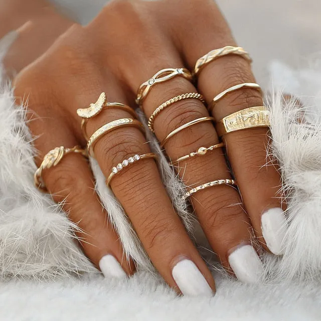 KSRA Boho Vintage Gold Star Knuckle Rings For Women BOHO Crystal Star Crescent Geometric Female Finger Rings Set Jewelry 2020