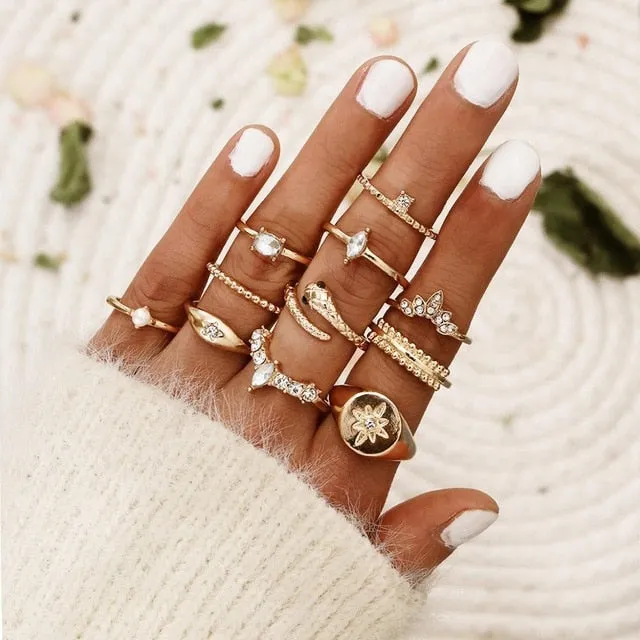 KSRA Boho Vintage Gold Star Knuckle Rings For Women BOHO Crystal Star Crescent Geometric Female Finger Rings Set Jewelry 2020