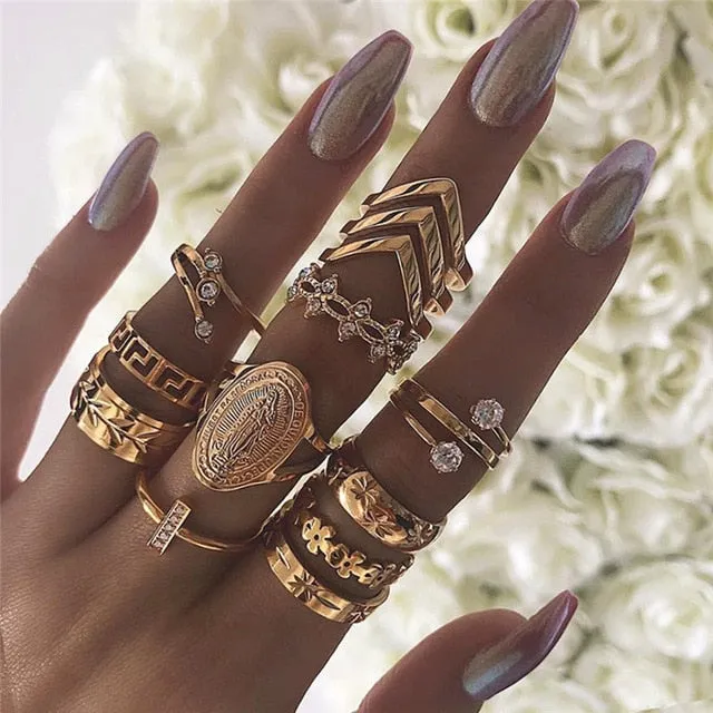 KSRA Boho Vintage Gold Star Knuckle Rings For Women BOHO Crystal Star Crescent Geometric Female Finger Rings Set Jewelry 2020
