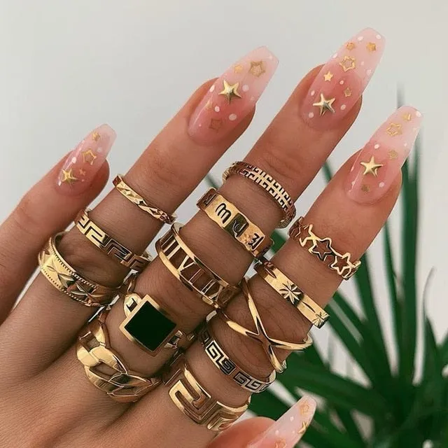 KSRA Boho Vintage Gold Star Knuckle Rings For Women BOHO Crystal Star Crescent Geometric Female Finger Rings Set Jewelry 2020