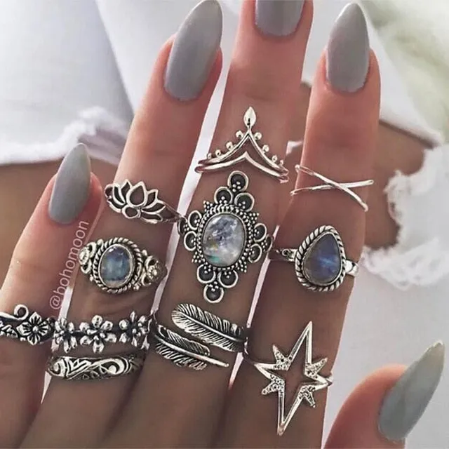 KSRA Boho Vintage Gold Star Knuckle Rings For Women BOHO Crystal Star Crescent Geometric Female Finger Rings Set Jewelry 2020
