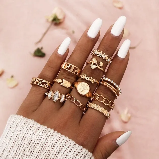 KSRA Boho Vintage Gold Star Knuckle Rings For Women BOHO Crystal Star Crescent Geometric Female Finger Rings Set Jewelry 2020