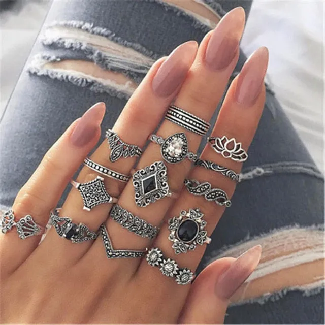 KSRA Boho Vintage Gold Star Knuckle Rings For Women BOHO Crystal Star Crescent Geometric Female Finger Rings Set Jewelry 2020