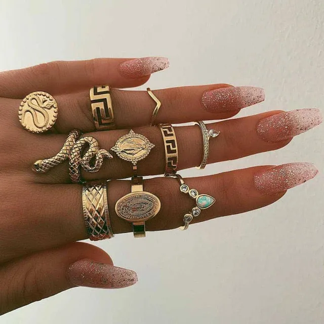 KSRA Boho Vintage Gold Star Knuckle Rings For Women BOHO Crystal Star Crescent Geometric Female Finger Rings Set Jewelry 2020