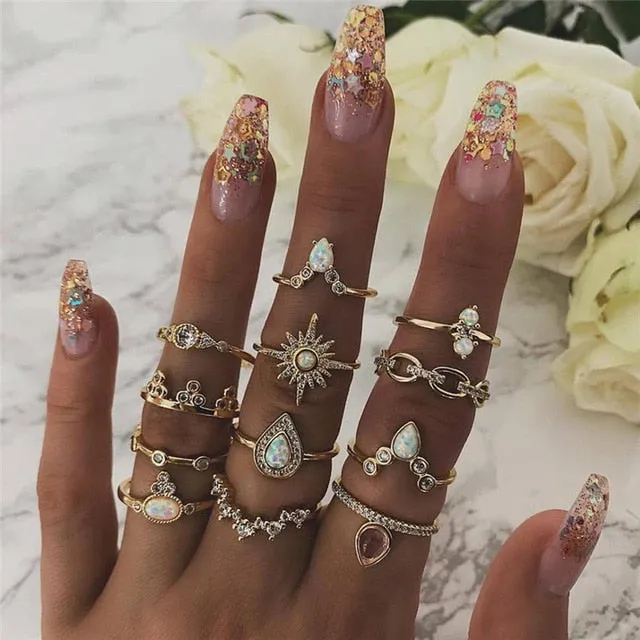 KSRA Boho Vintage Gold Star Knuckle Rings For Women BOHO Crystal Star Crescent Geometric Female Finger Rings Set Jewelry 2020