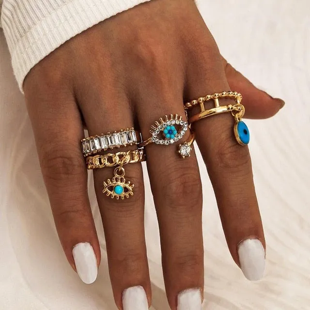 KSRA Boho Vintage Gold Star Knuckle Rings For Women BOHO Crystal Star Crescent Geometric Female Finger Rings Set Jewelry 2020