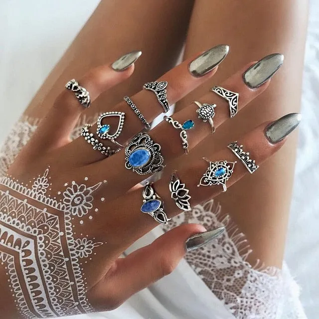 KSRA Boho Vintage Gold Star Knuckle Rings For Women BOHO Crystal Star Crescent Geometric Female Finger Rings Set Jewelry 2020