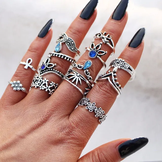 KSRA Boho Vintage Gold Star Knuckle Rings For Women BOHO Crystal Star Crescent Geometric Female Finger Rings Set Jewelry 2020